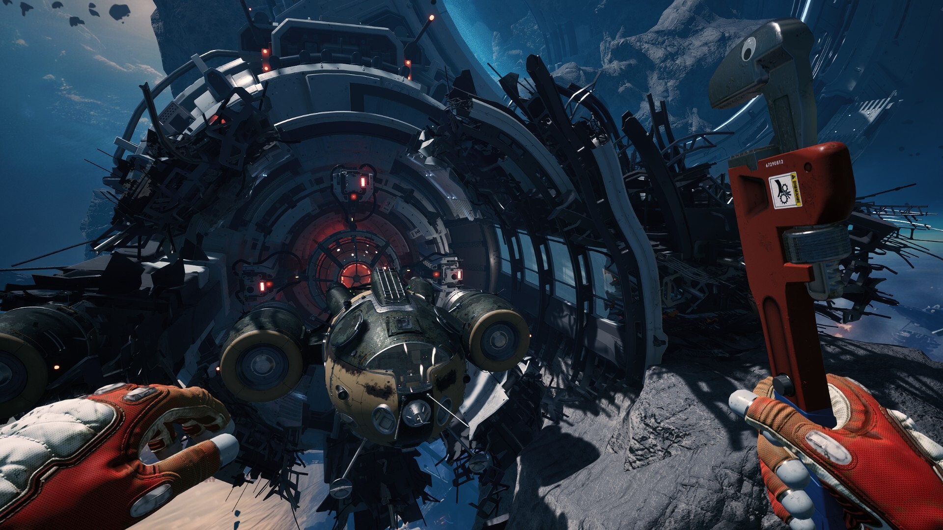Breathedge 2 player exploring a space structure with a tool in hand