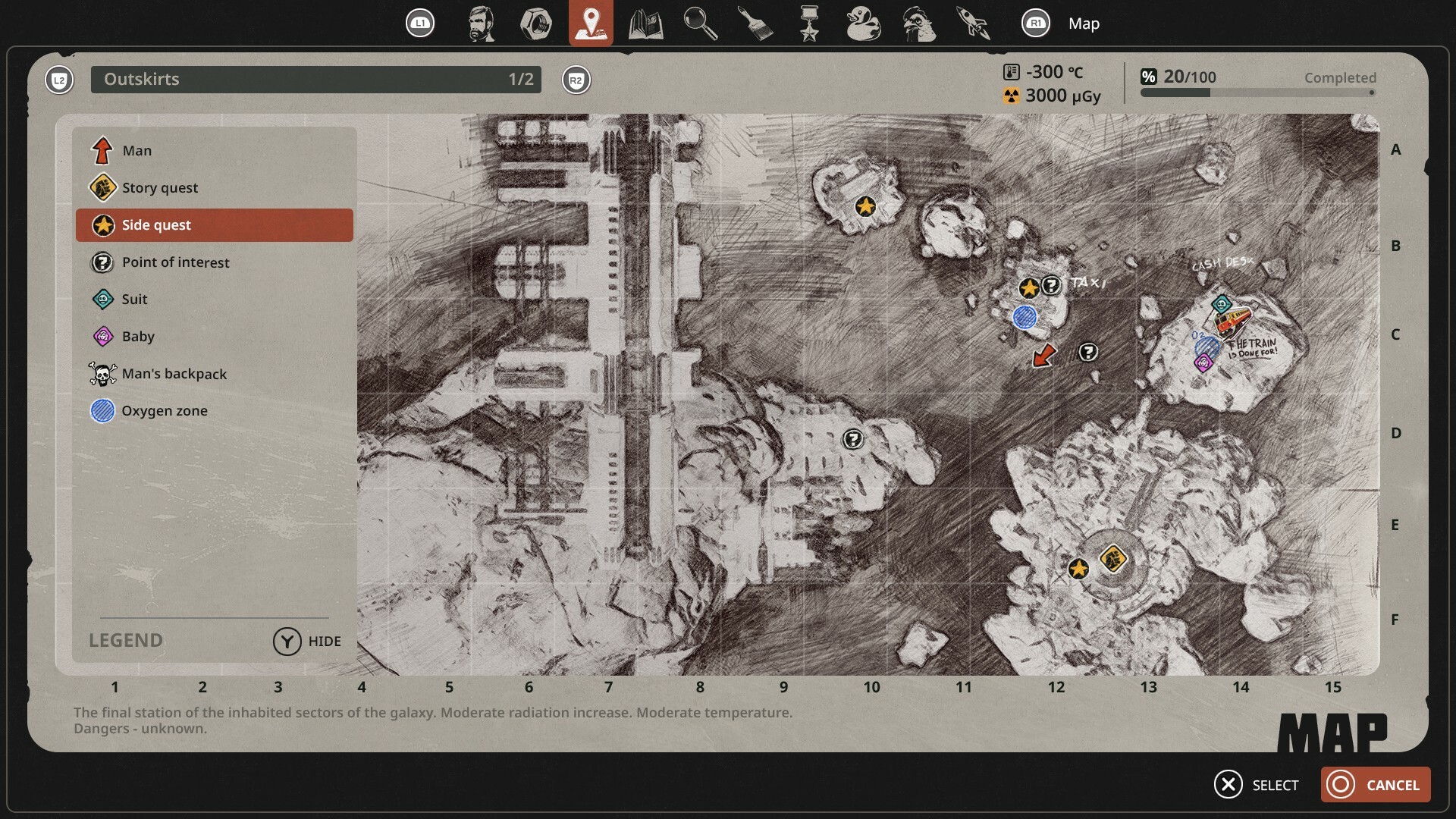 Official Breathedge 2 hand-drawn in-game map screenshot with quest and oxygen markers