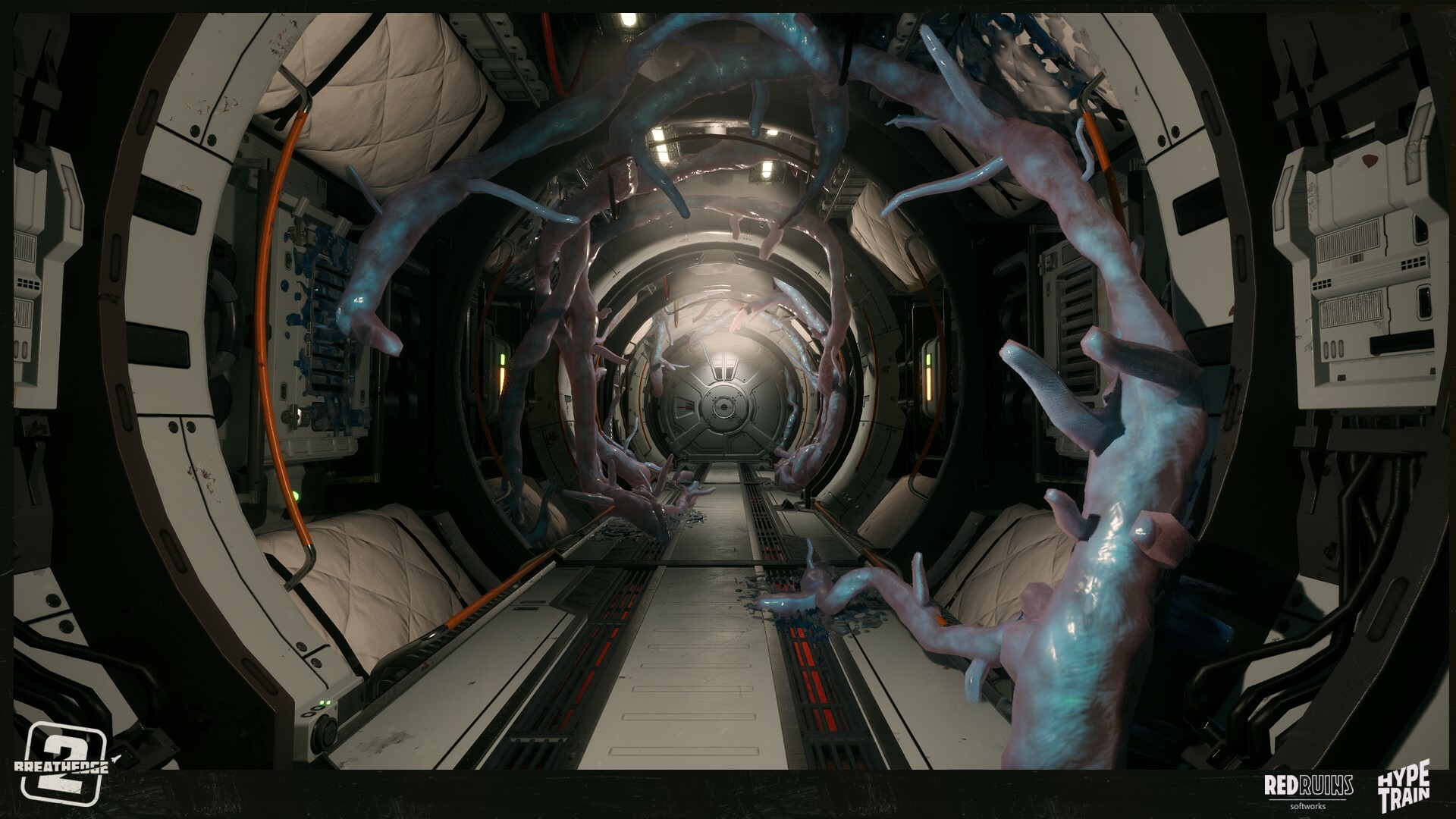Official Breathedge 2 screenshot showing an overgrown corridor in a space structure