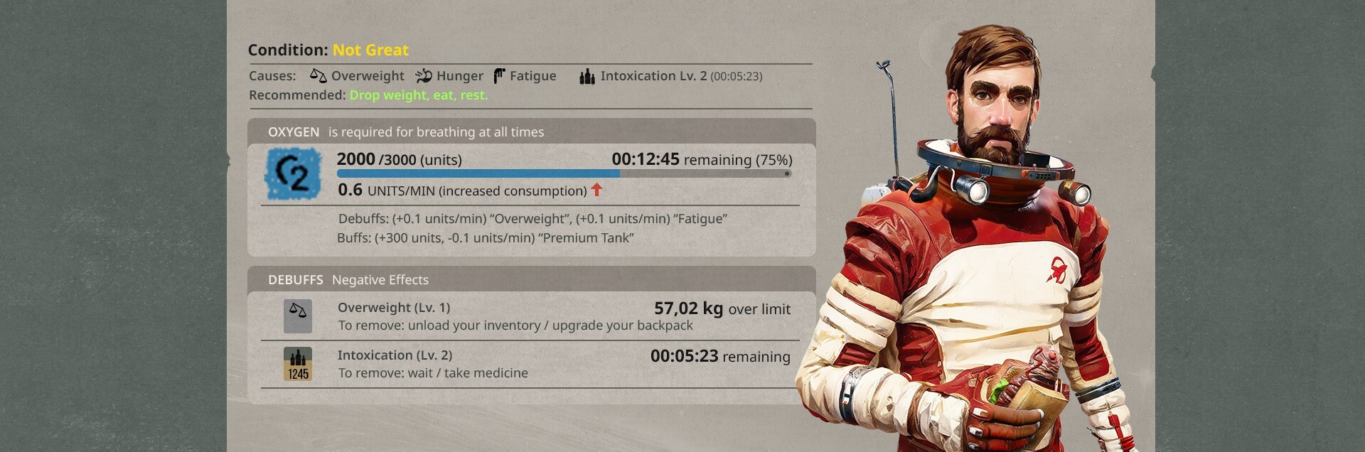 Oxygen, hunger, fatigue and debuff UI